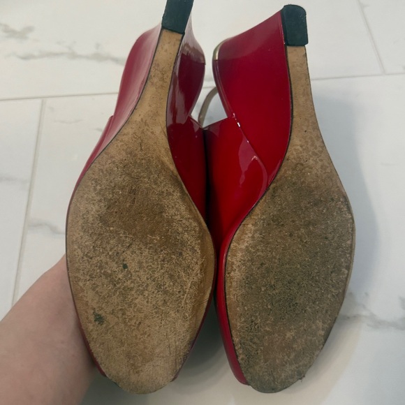 Stuart Weitzman Red Peep-Toe Wedge Sandals - Picture 8 of 8